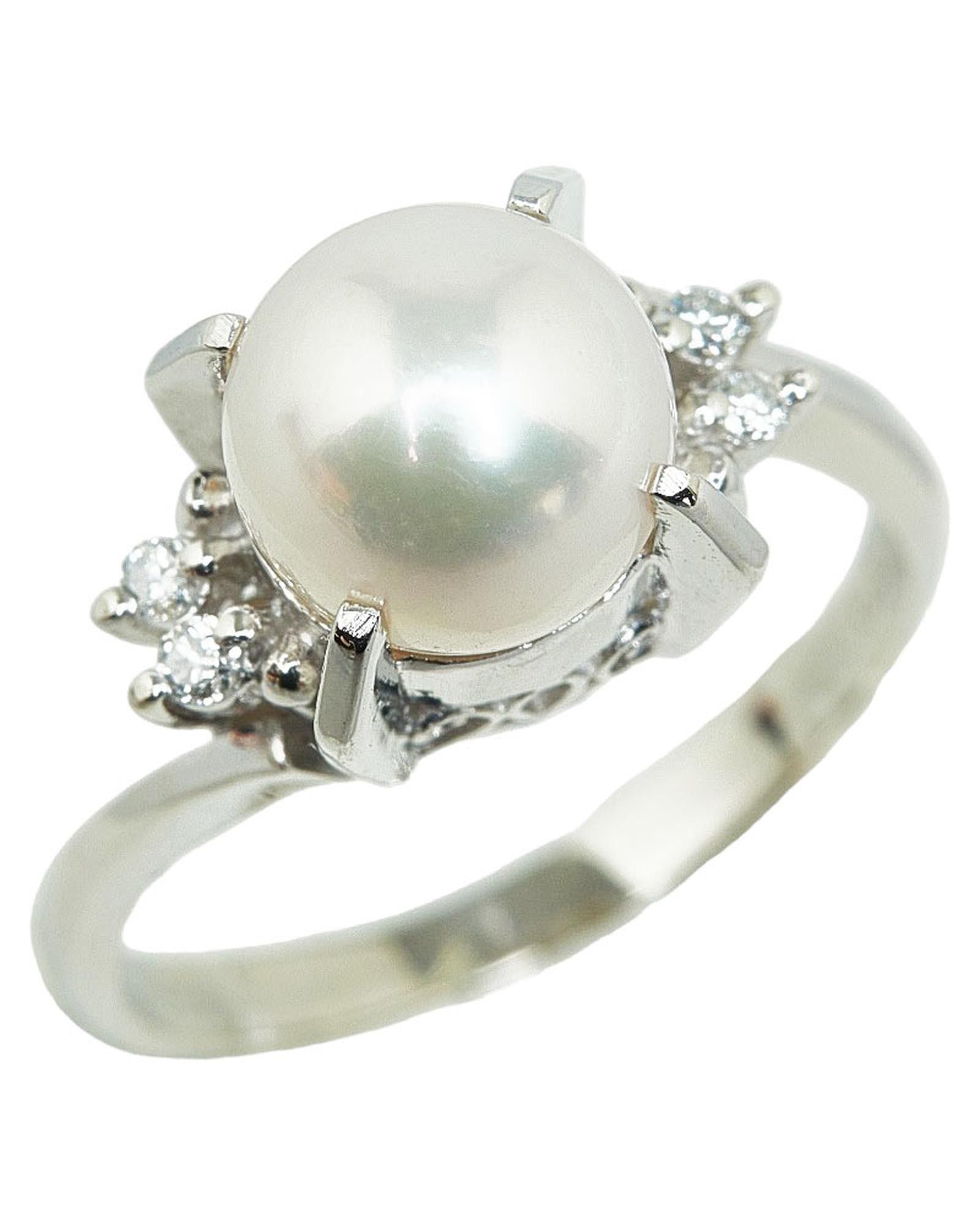 image of Platinum Diamond Pearl Ring in Silver, Women's