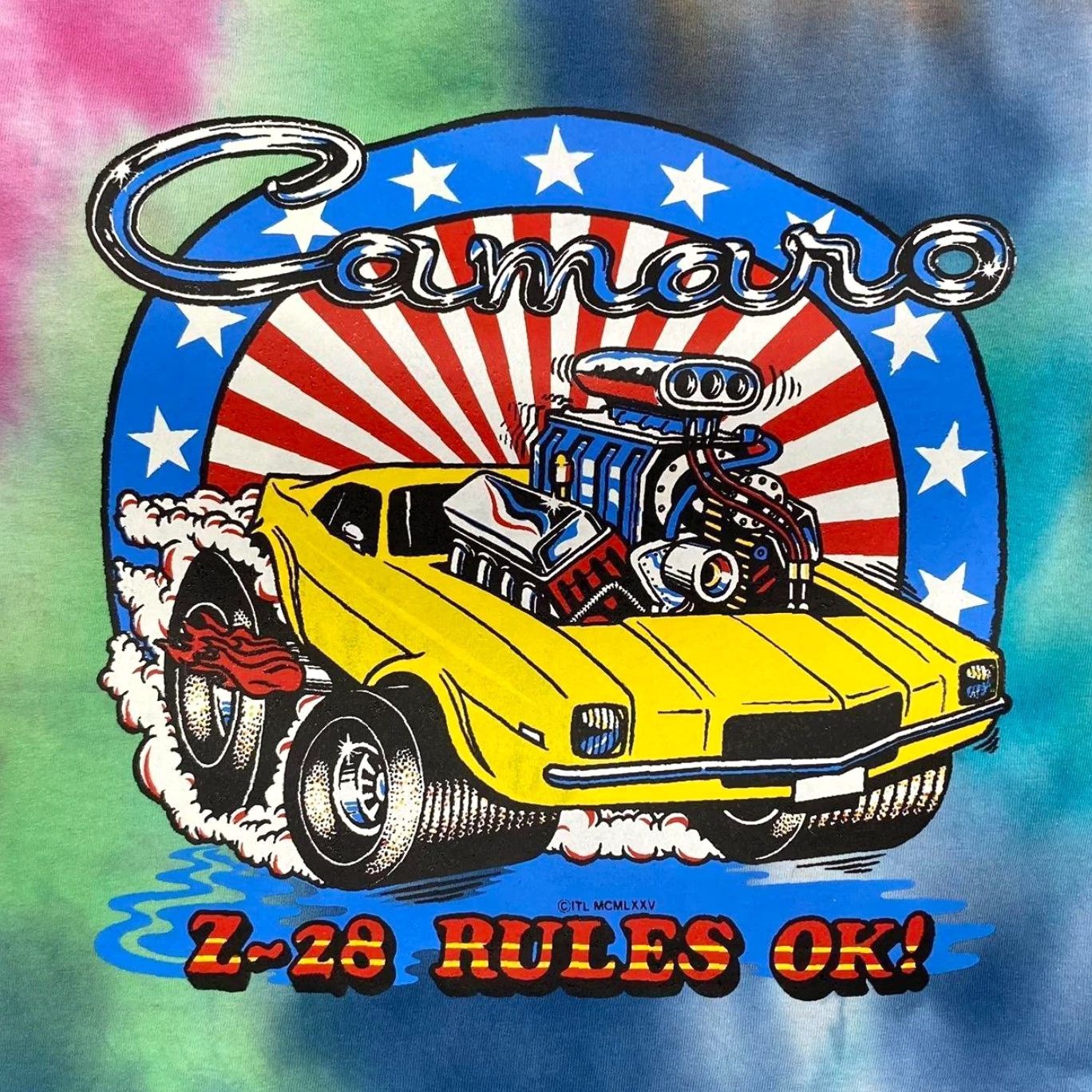 Fruit Of The Loom CAMARO (1975) “Z-28 Rules Ok!” Muscle Car Cartoon Tie Dye T-Shirt Multicoloured Large M Mens Graphic 80s Vintage print Size US M / EU 48-50 / 2 - 2 Thumbnail