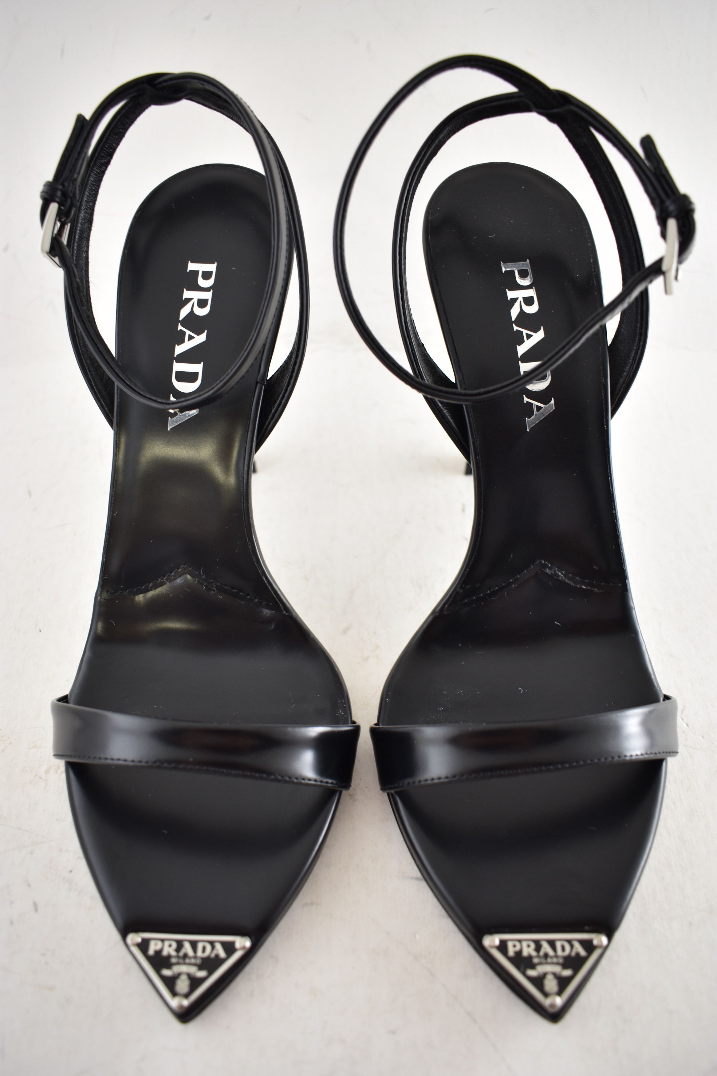 Prada Leather Pointed Toe Logo Ankle Strap Heel Sandal Pump 38 Size US 8 / IT 38 - 12 Thumbnail