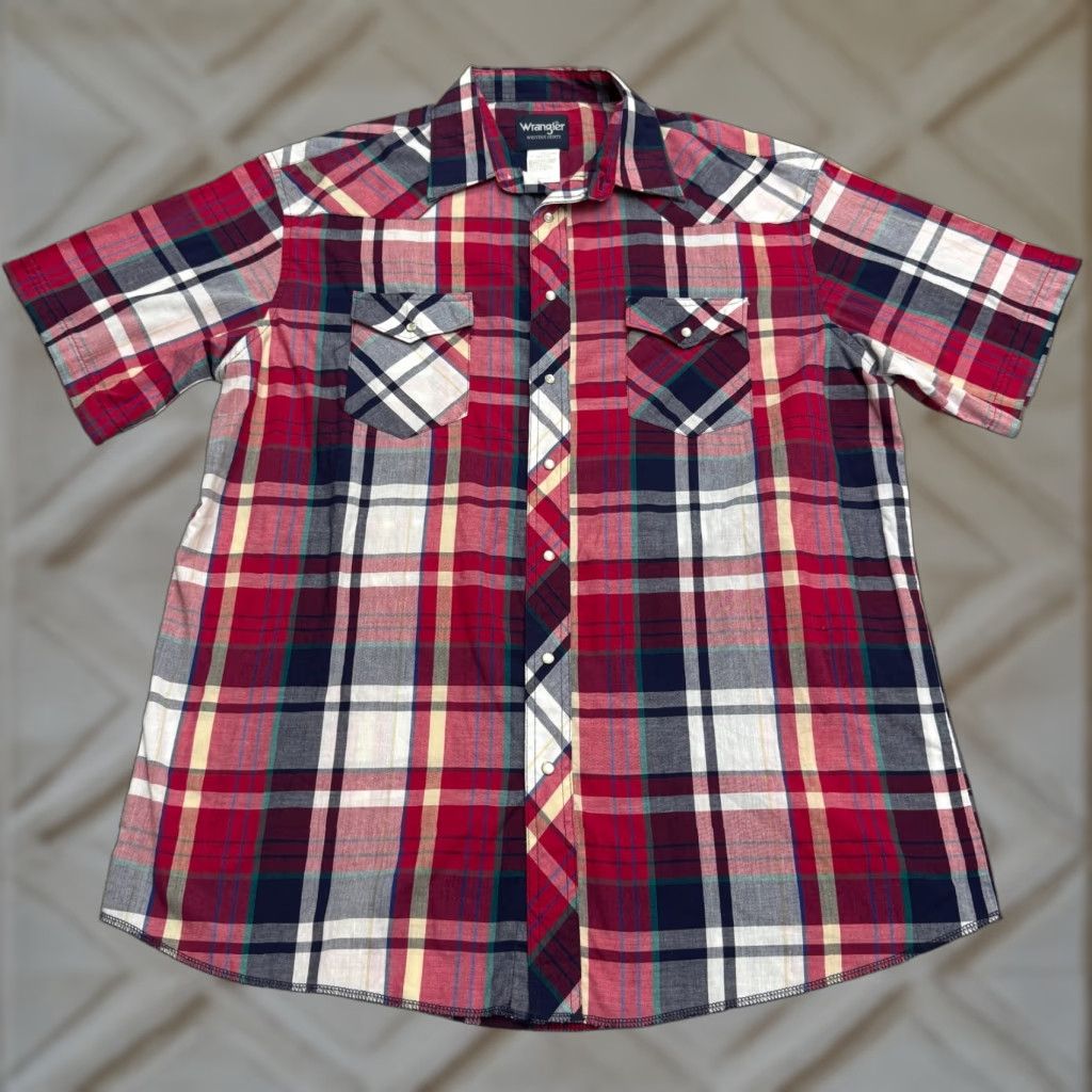 Wrangler Wrangler Shirt Mens 17.5 Tall Button-Up Western Plaid Red Short Sleeve Casual Classic Preppy Colorful 90s? Wait no. Size US XL / EU 56 / 4 - 1 Thumbnail