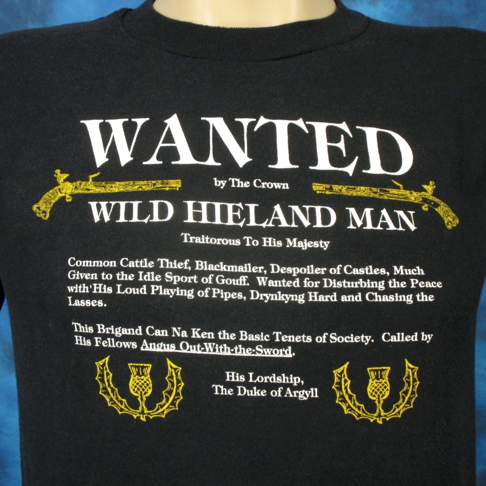 Jerzees vtg 80s WILD HIGHLANDER MAN WANTED BY THE CROWN T-Shirt S mens black 80s 90s Jerzees Size US S / EU 44-46 / 1 - 2 Thumbnail