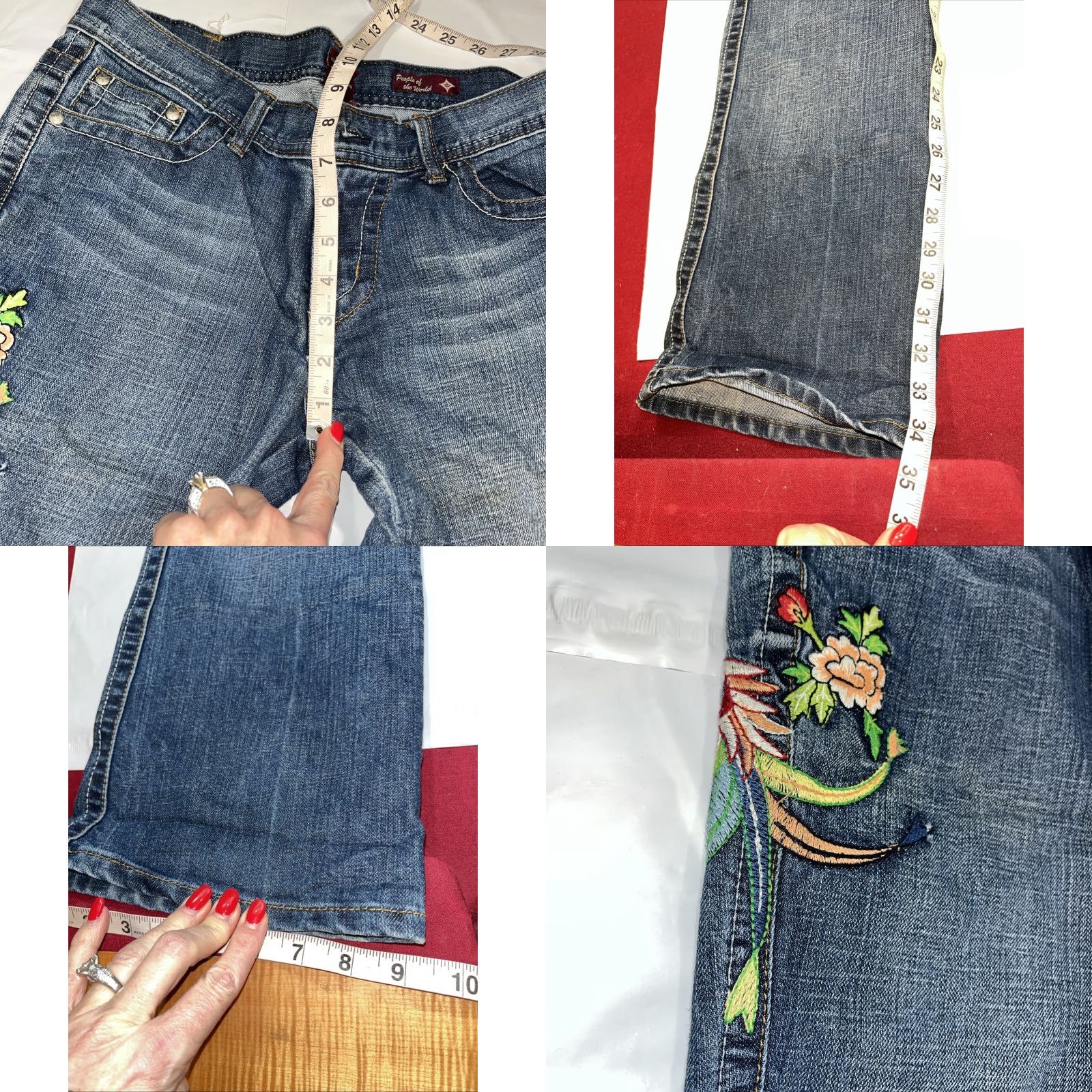 Vintage VINTAGE People of the World Jeans Low Rise 31 BLUE Embroidered Tropical Bird Peacock Flowers 5-Pocket Womens Boots Cut Inseam 34(Size 31) Size 24" / US 00 / IT 34 - 8 Thumbnail