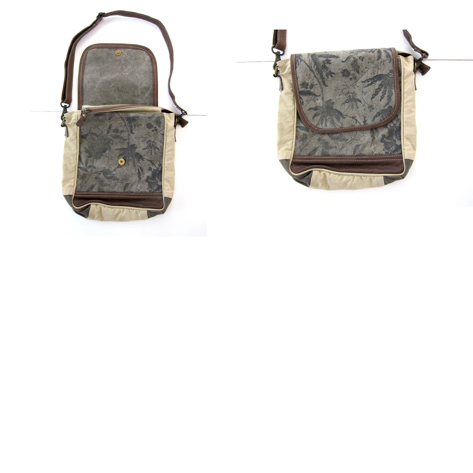 Vintage Myra Crossbody Satchel Purse Brown Beige Floral Canvas Leather 100% Cotton Leather Satchel Purse Size ONE SIZE - 8 Thumbnail
