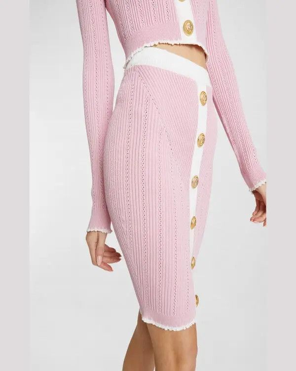 Balmain o1s1wg110825 Buttoned Pointelle Knit Skirt in Pink/White Size 30" / US 8 / IT 44 - 3 Thumbnail