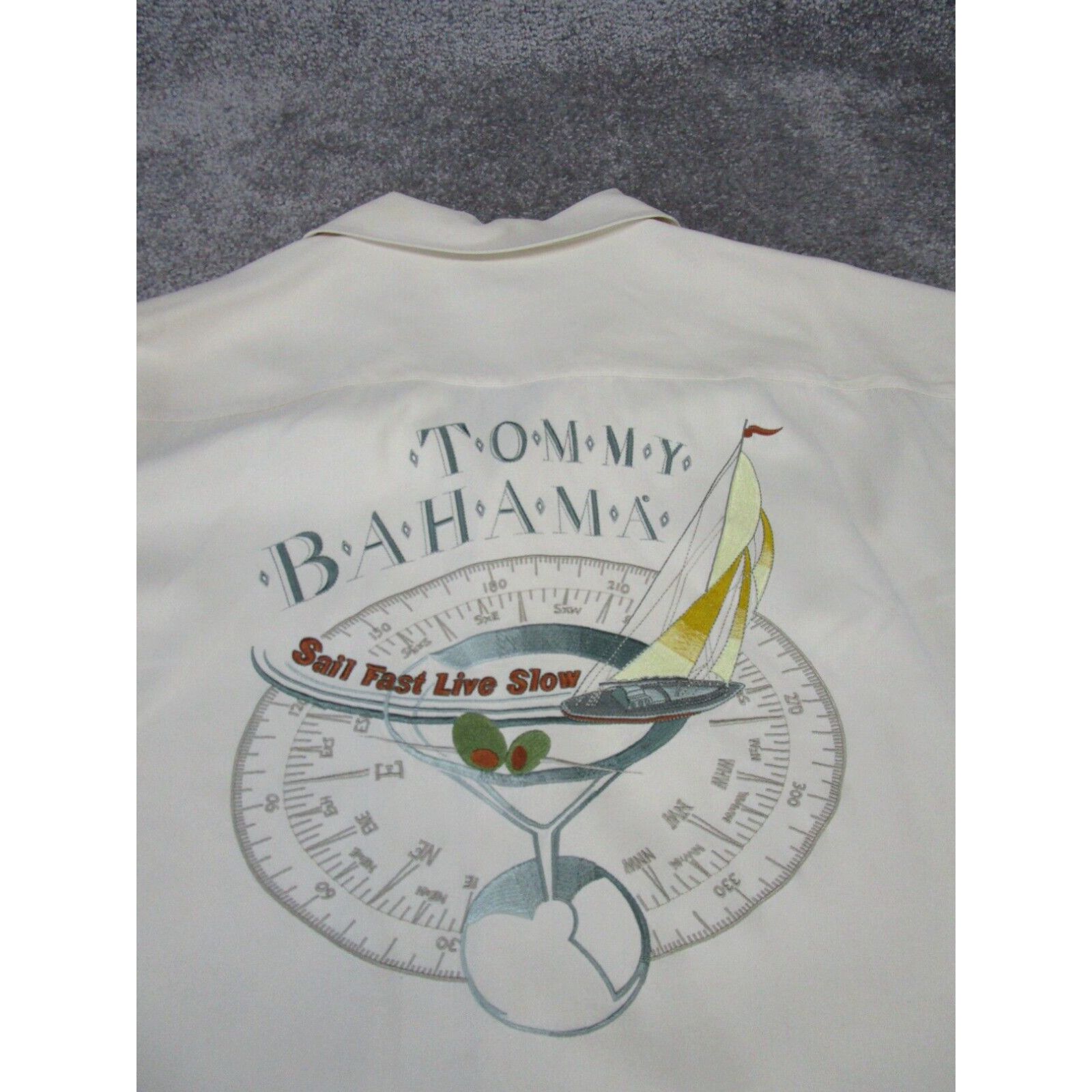 image of Tommy Bahama Shirt Mens XL Cocktails Hawaiian Ivory Silk Beach Embroidery in White