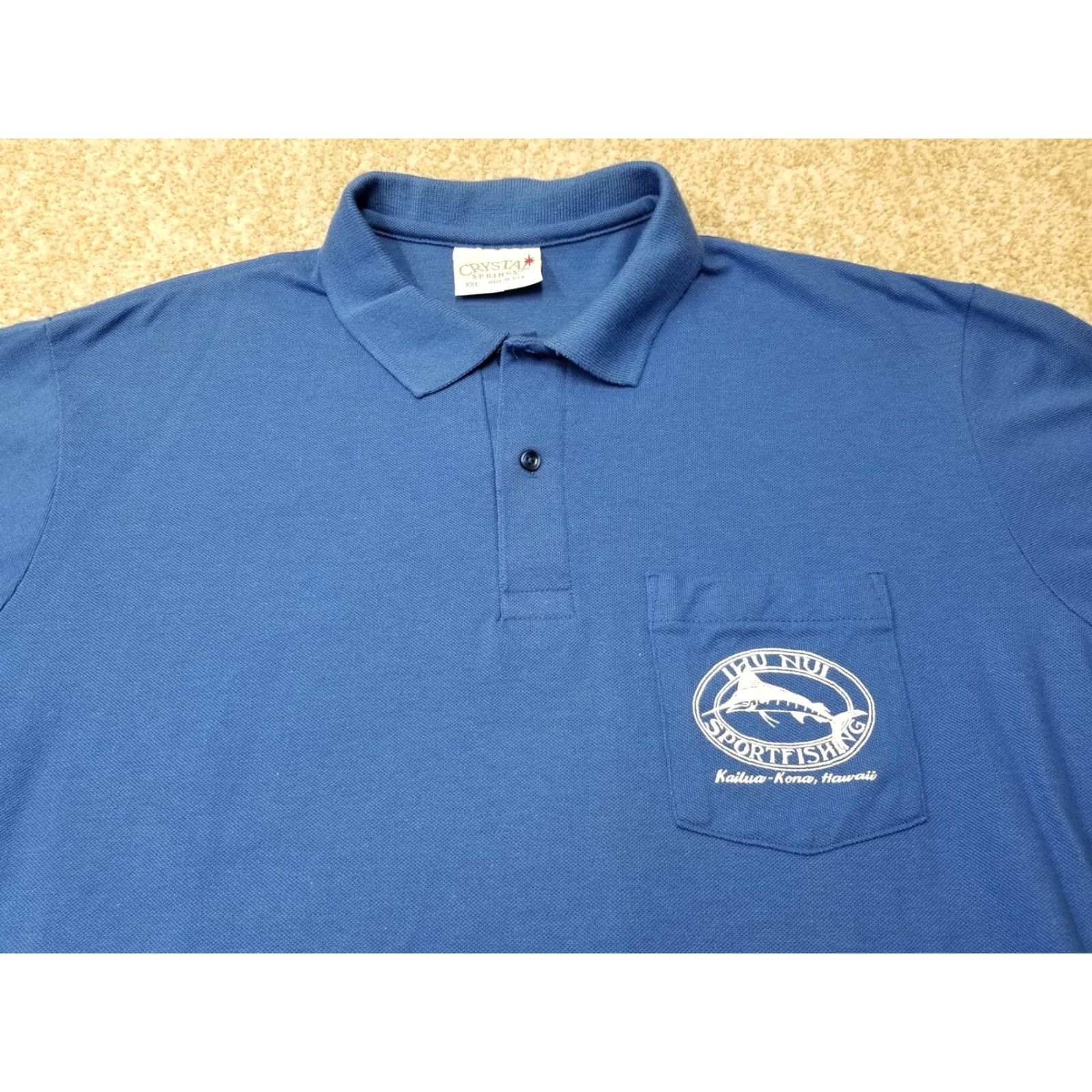 Vintage VTG Crystal Springs Polo Shirt Mens 2XL Blue Polo Shirt Golf Walking Fish Kona Hawaii IHU Nui Sportfishing USA Unsure? Size US XXL / EU 58 / 5 - 2 Thumbnail