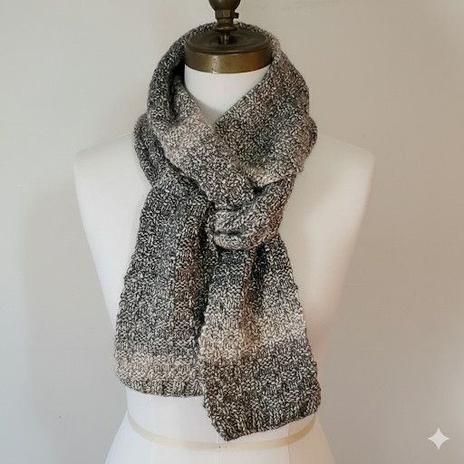 Handmade Handknit 74x5" Scarf Knit Grey Waffle Stitch Ombre Soft Size ONE SIZE - 2 Thumbnail