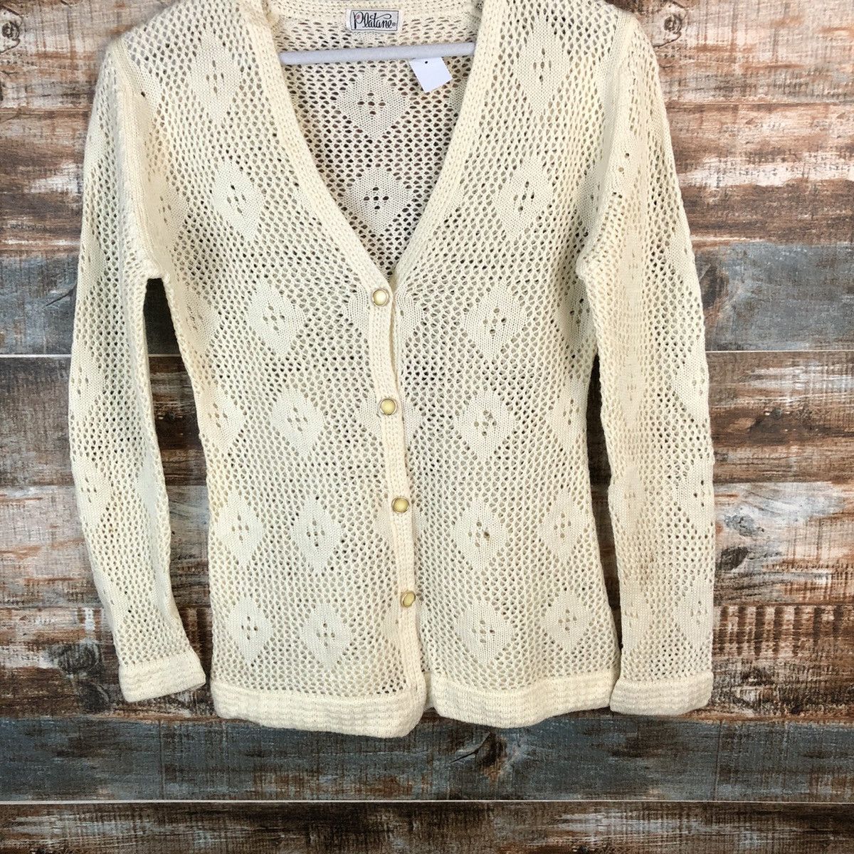 Japanese Brand Platane Cream crochet sexy meshnet Cardigan Knitwear #A1477 Size M / US 6-8 / IT 42-44 - 3 Thumbnail