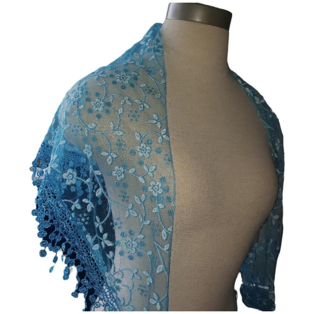 Designer CT1586 Blue & White Sheer Embroidered Handmade Shawl Size ONE SIZE - 2 Thumbnail
