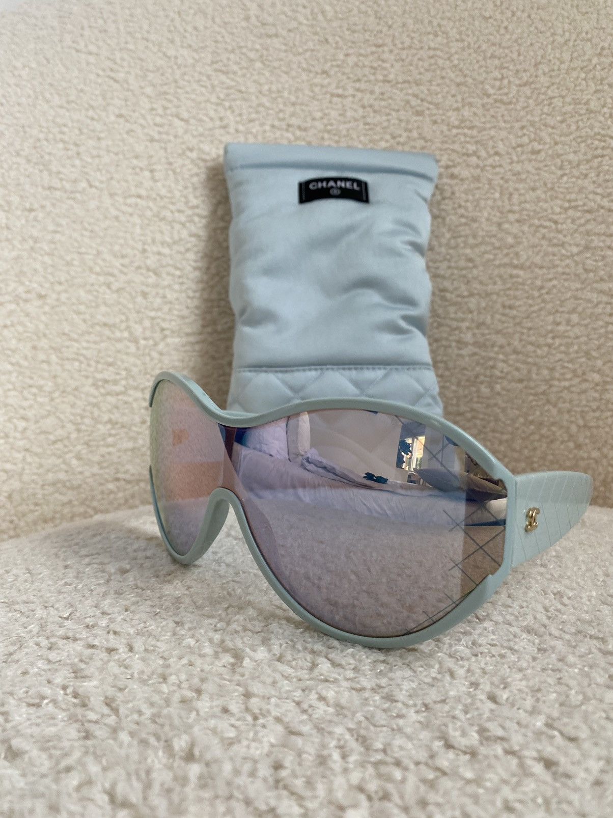 Chanel × Designer Chanel CC Ski Shield Sunglasses Turquoise Baby Blue mirror Size ONE SIZE - 1 Thumbnail