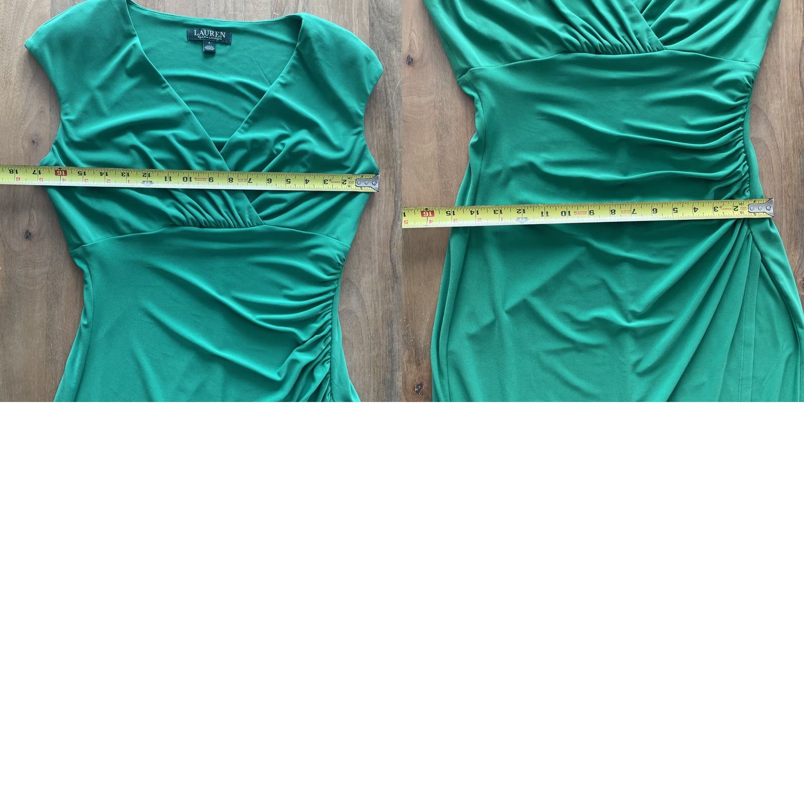 Ralph Lauren Lauren Ralph Lauren Dress Sleeveless V-Neck Midi Wrap Ruched Solid Green Women's 4 Regular Stretch Polyester Spandex Jersey Size S / US 4 / IT 40 - 8 Thumbnail