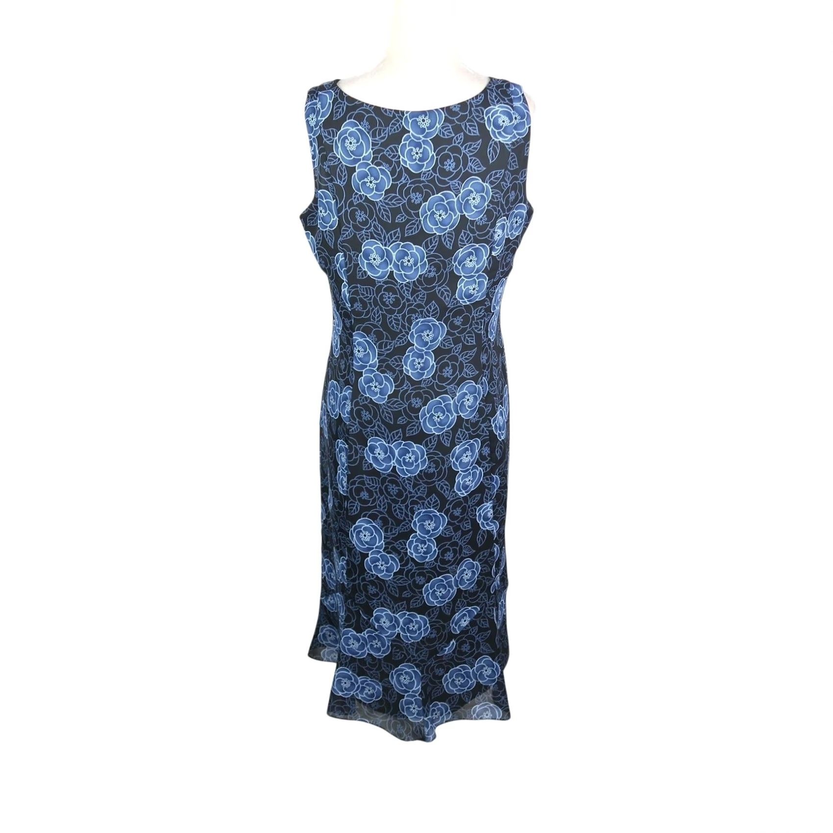 Ann Taylor VINTAGE Ann Taylor LOFT Navy Blue Floral Midi Dress Sleeveless V-Neck 8 Women 90s Size M / US 6-8 / IT 42-44 - 4 Thumbnail