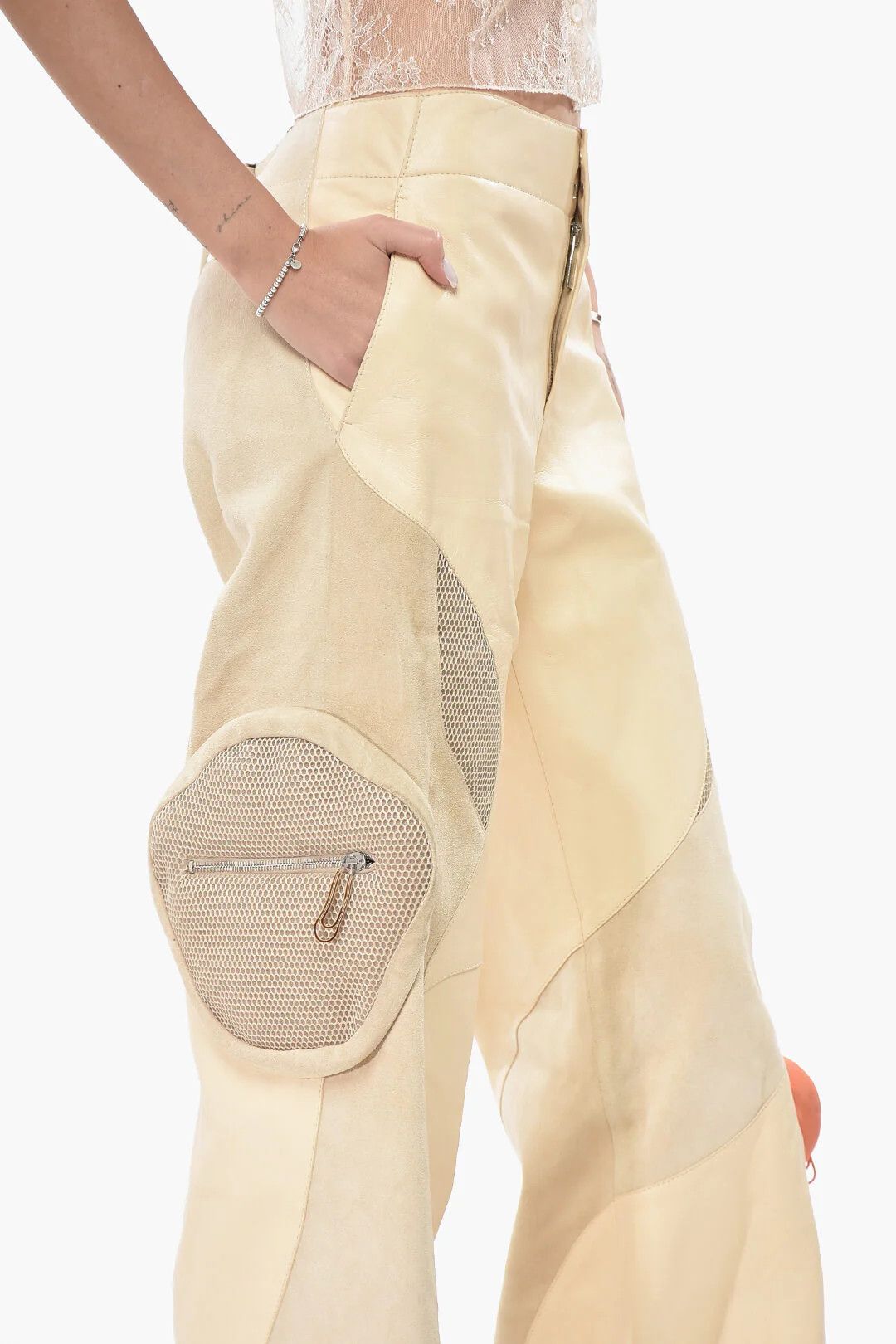 Off-White og1mm0426 Leather Palazzo Pant in Beige Size 28" / US 6 / IT 42 - 3 Thumbnail