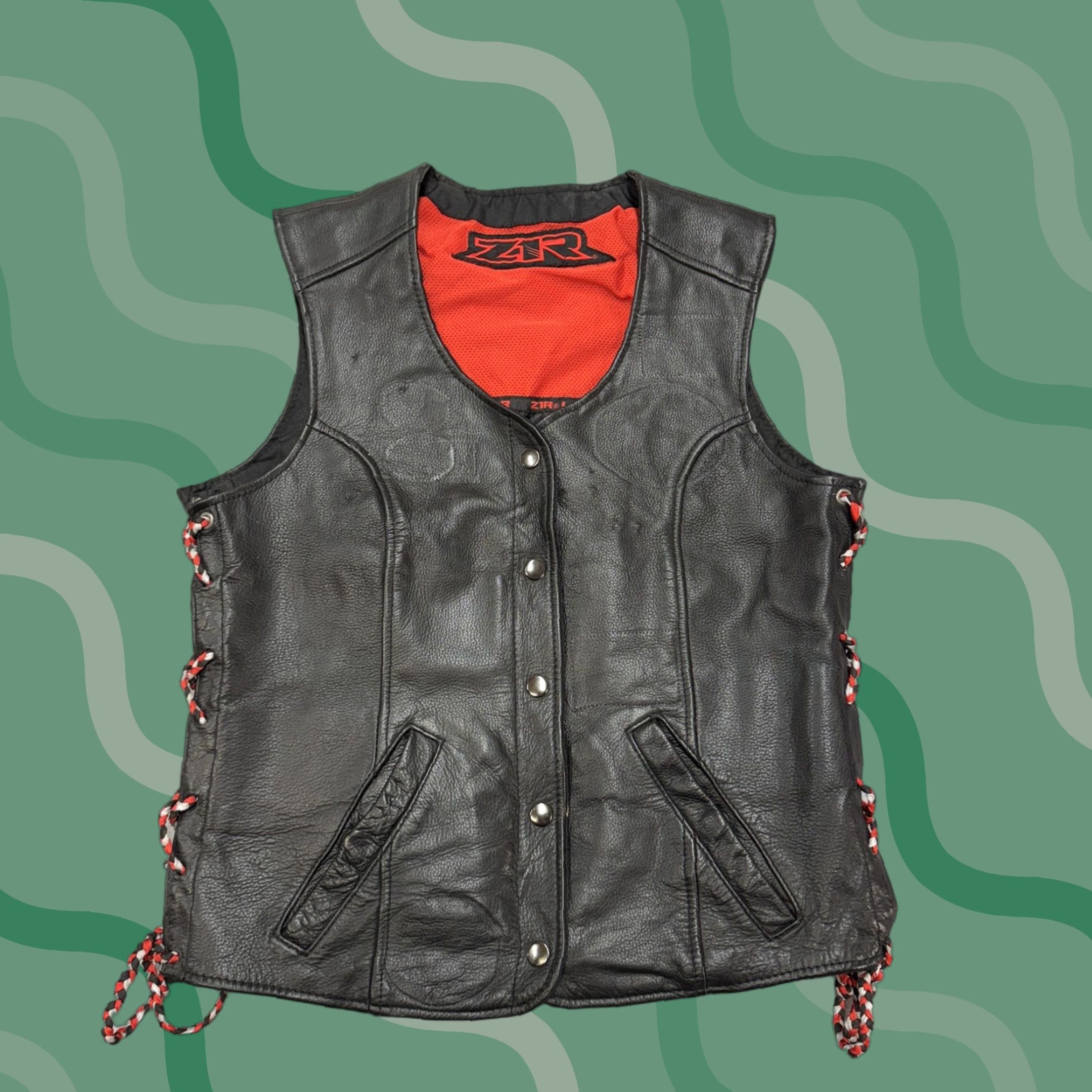V1R Vest Mens Small Black Leather Biker Side Lace Pockets Riding Z1R