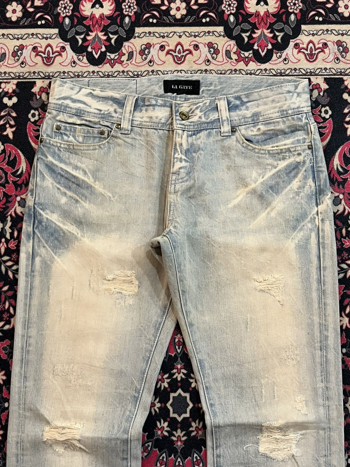 If Six Was Nine Japanese Brand La Gate Acid Blue Whisker Ripped Flare Jeans Size US 31 - 4 Thumbnail