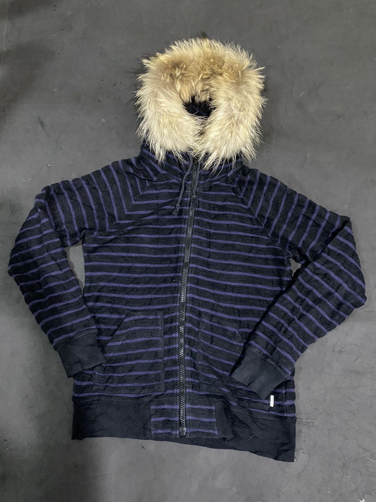 image of 14Th Addiction x If Six Was Nine Japanese Striped Furhoodie Archival Styled in Black Blue (Size Med