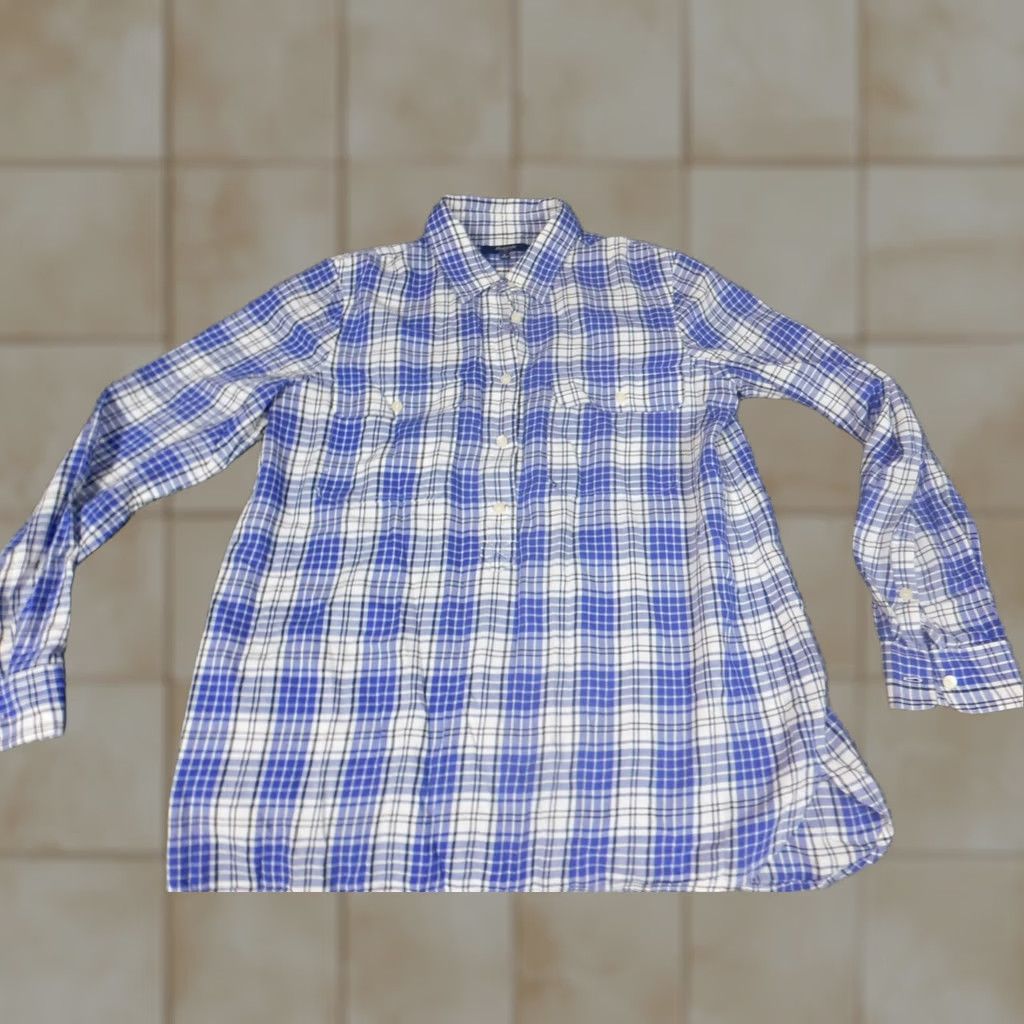 Madewell Madewell Blouse Women S Blue Plaid Long Sleeve Crew Neck Pullover 100% Cotton Rayon Casual Ruffle Button Top Daily Classic Shirt Size S / US 4 / IT 40 - 1 Thumbnail