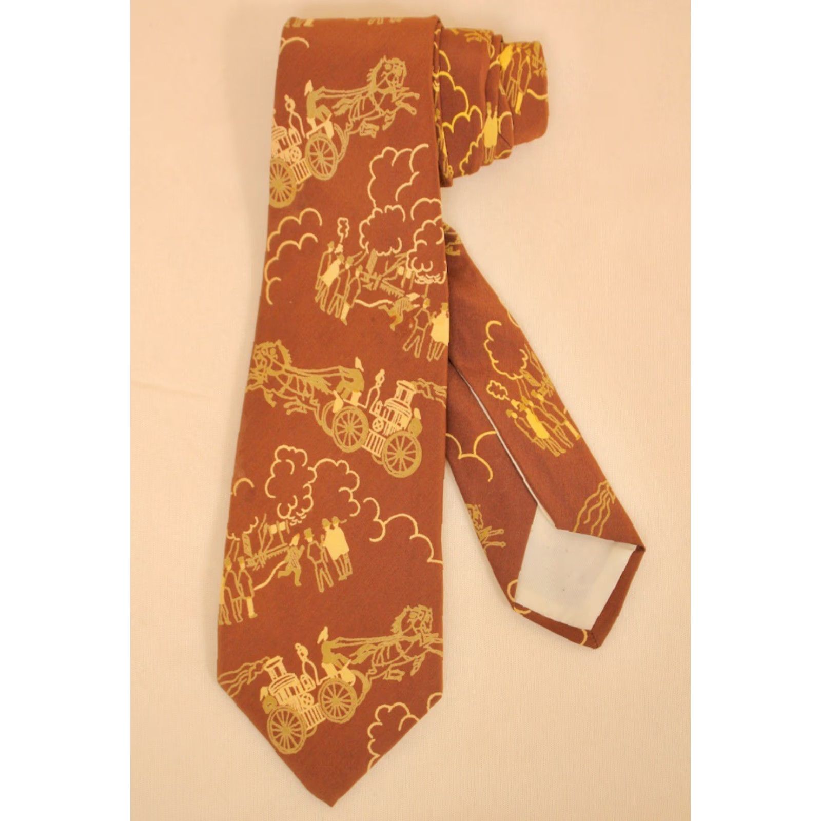 Vintage VTG Men’s 1950s Brown Beige Carriage Themed Novelty Necktie 50s Tie Silk Neck Tie Size ONE SIZE - 2 Thumbnail
