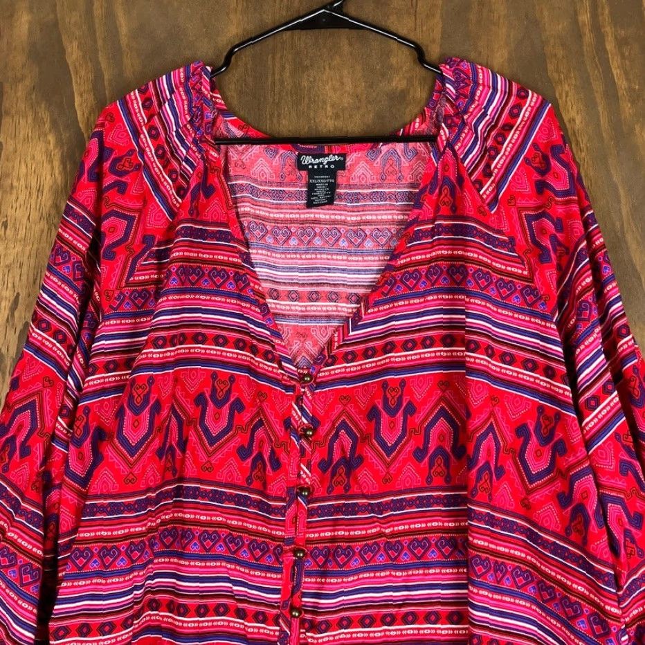 Wrangler VINTAGE Wrangler Retro Womens Shirt Red Long Sleeve V Neck Button Up Rayon XXL Size XXL / US 16-18 / IT 52-54 - 2 Thumbnail