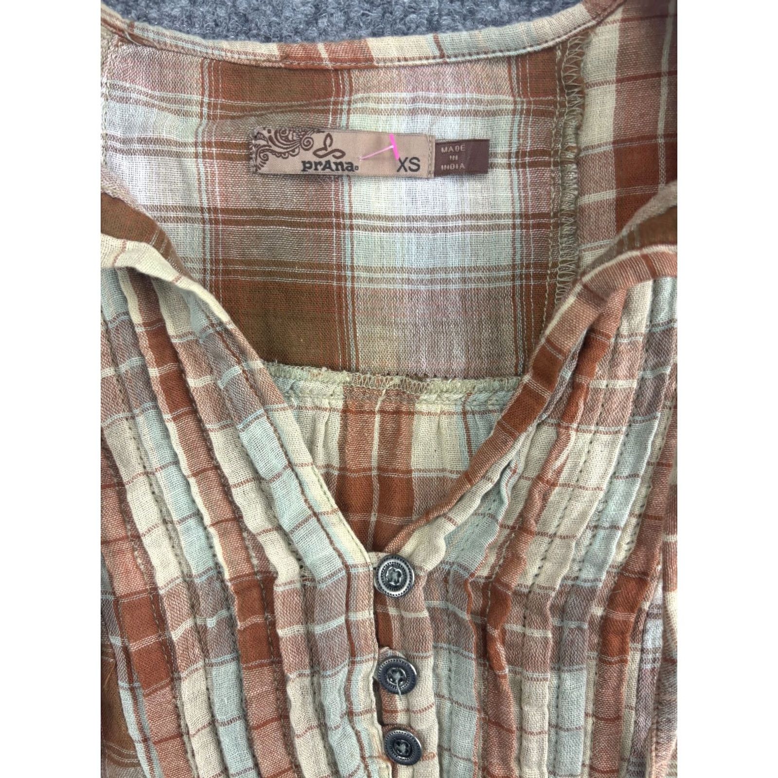 Prana prAna Popover Shirt Women's XS Brown Plaid Button Front Long Sleeve Drawstring Shirt Size XS / US 0-2 / IT 36-38 - 2 Thumbnail