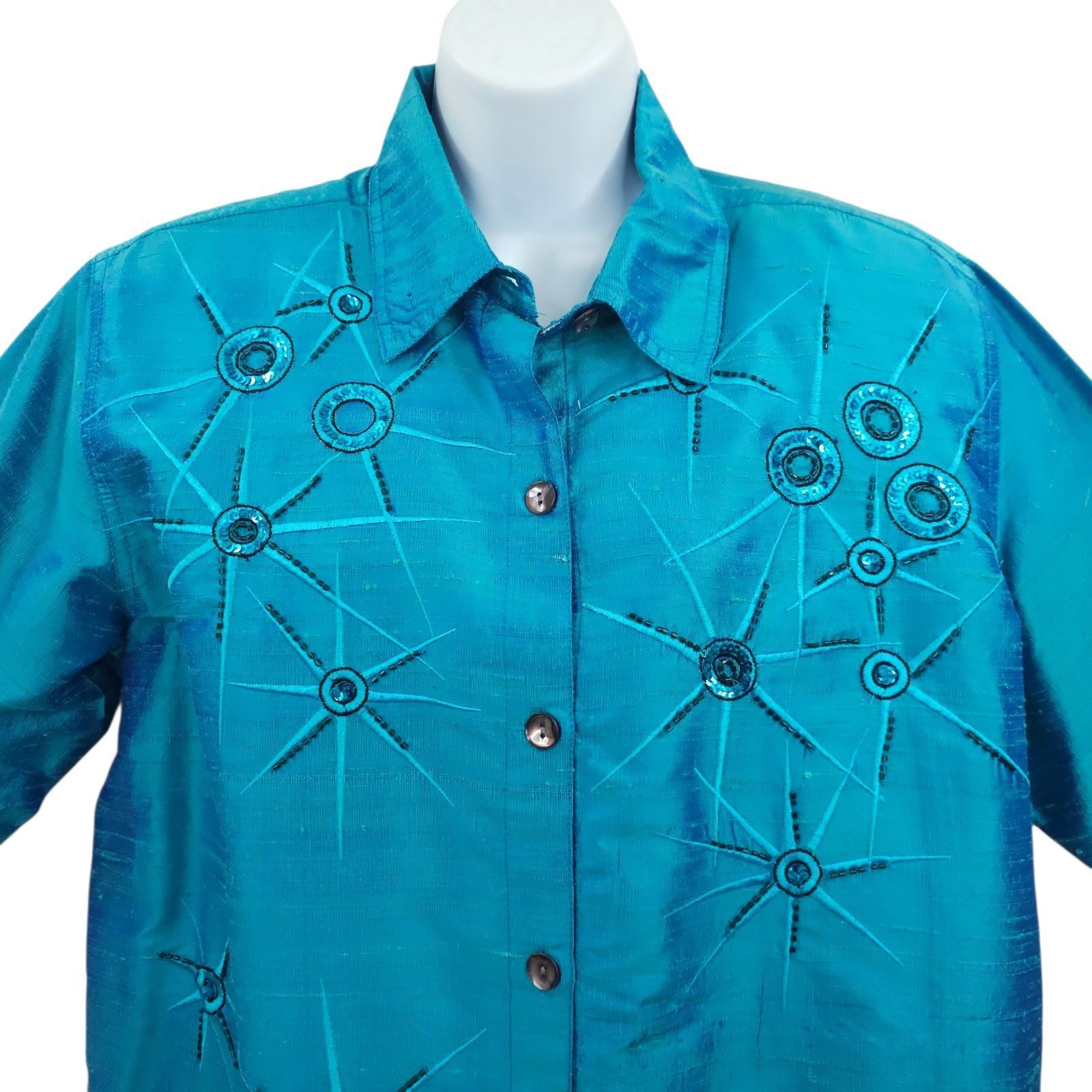 Other Bleu Bayou Silk Shirt L Starburst Sequin Cyber Y2K Whimsy Size L / US 10 / IT 46 - 10 Thumbnail