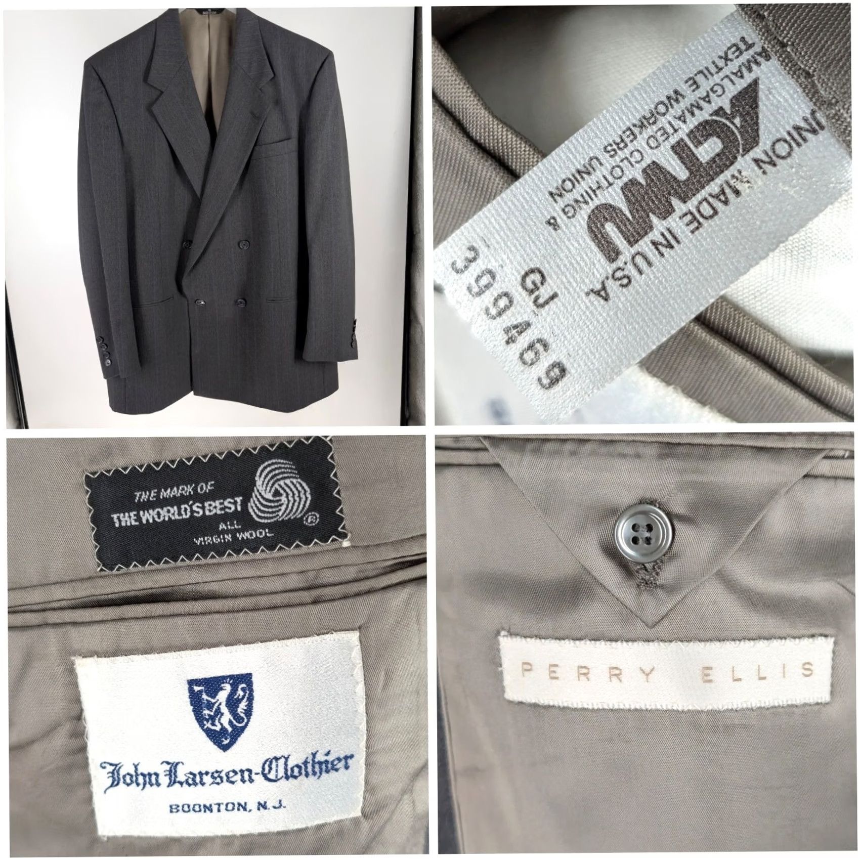 Perry Ellis VINTAGE Perry Ellis Marc Jacobs Double Breasted Wool Blazer Grey 90s Men 44 Regular Chest 44in Wall Street Pinstripe USA Blazer/Men’s Sports Coat Size 44R - 2 Thumbnail