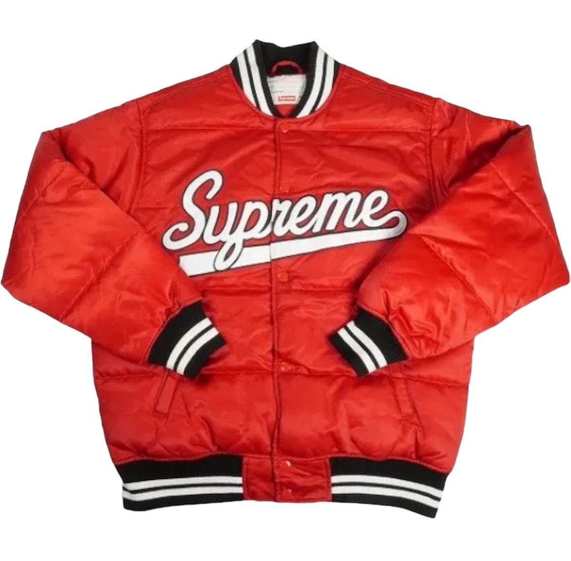 Supreme 16AW SUPREME Script Varsity Puffy Jacket Red | Grailed