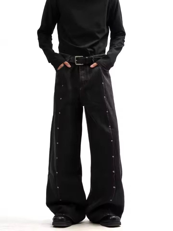 Japanese Brand Y2K Style Rivet Design Pleated Black Baggy Jean Size US 27 - 5 Thumbnail