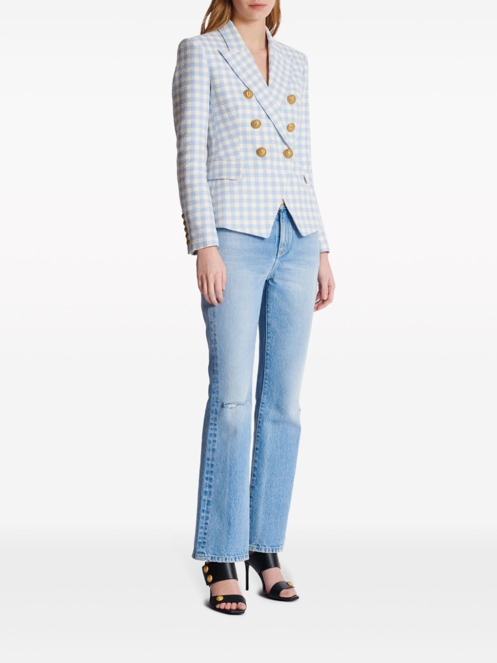 Balmain o1s1wg110825 Gingham Pattern Double Breasted Blazer in Blue Size L / US 10 / IT 46 - 4 Thumbnail