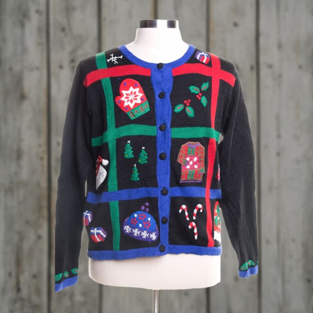 Vintage VINTAGE Black Ugly Christmas Cardigan Cardigan M Black Christmas Ramie/Cotton Paul Harris Design Mens Womens XL Large 42" 22" Ragstock Size M / US 6-8 / IT 42-44 - 1 Preview