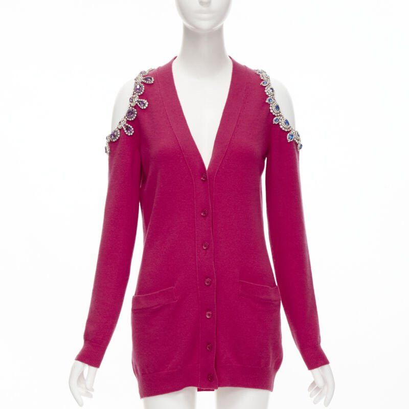 Moschino new MOSCHINO fuschia pink cashmere crystal jewel cold shoulder cardigan IT38 Size XS / US 0-2 / IT 36-38 - 1 Thumbnail
