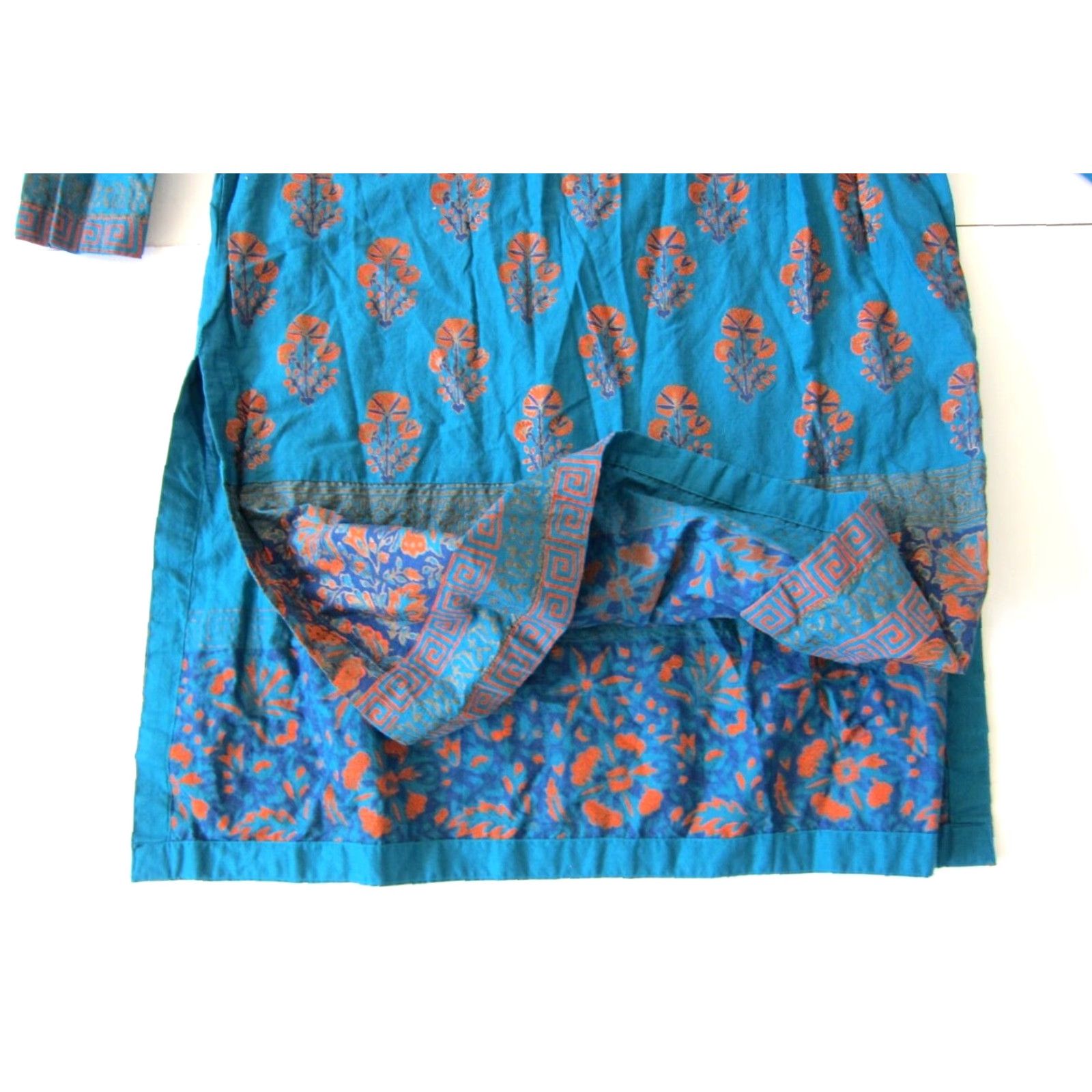 Vintage VINTAGE G-Woman Kurta Dress S/10 100% Cotton Turquoise Green Orange Floral Long Sleeve DressS/10 Size S / US 4 / IT 40 - 7 Thumbnail