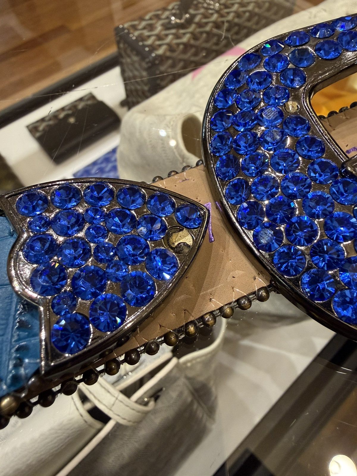 B.B. Simon B.B. Simon Khayyam 7 Blue Swarovski Crystal Leather Belt Size 32 - 7 Thumbnail