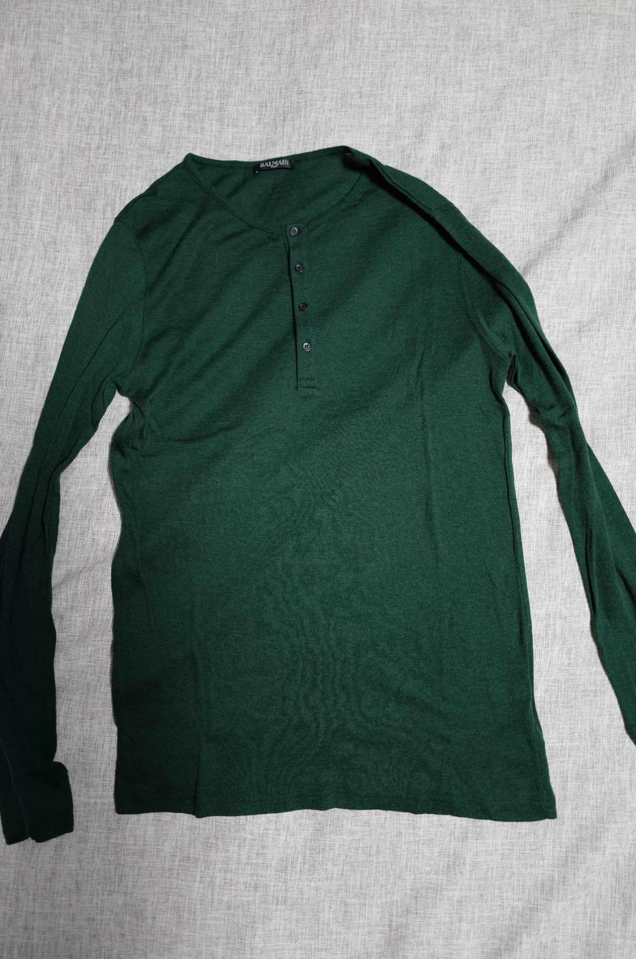 Balmain Balmain Emerald Green Wool Distressed Henley T-shirt Size US M / EU 48-50 / 2 - 1 Thumbnail