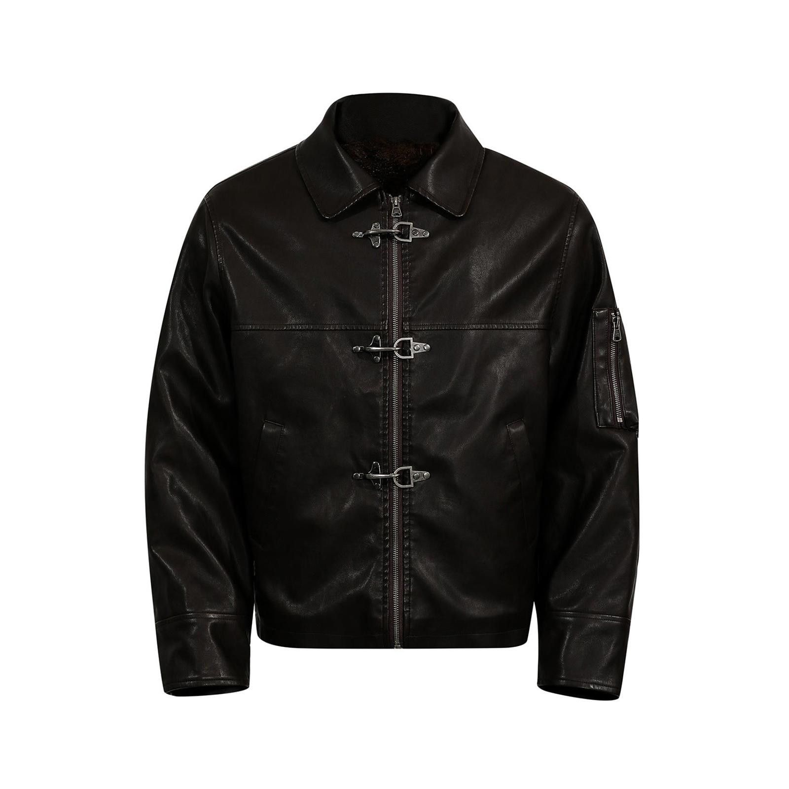 Black Fireman Clasp Leather Jacket Classic Fit