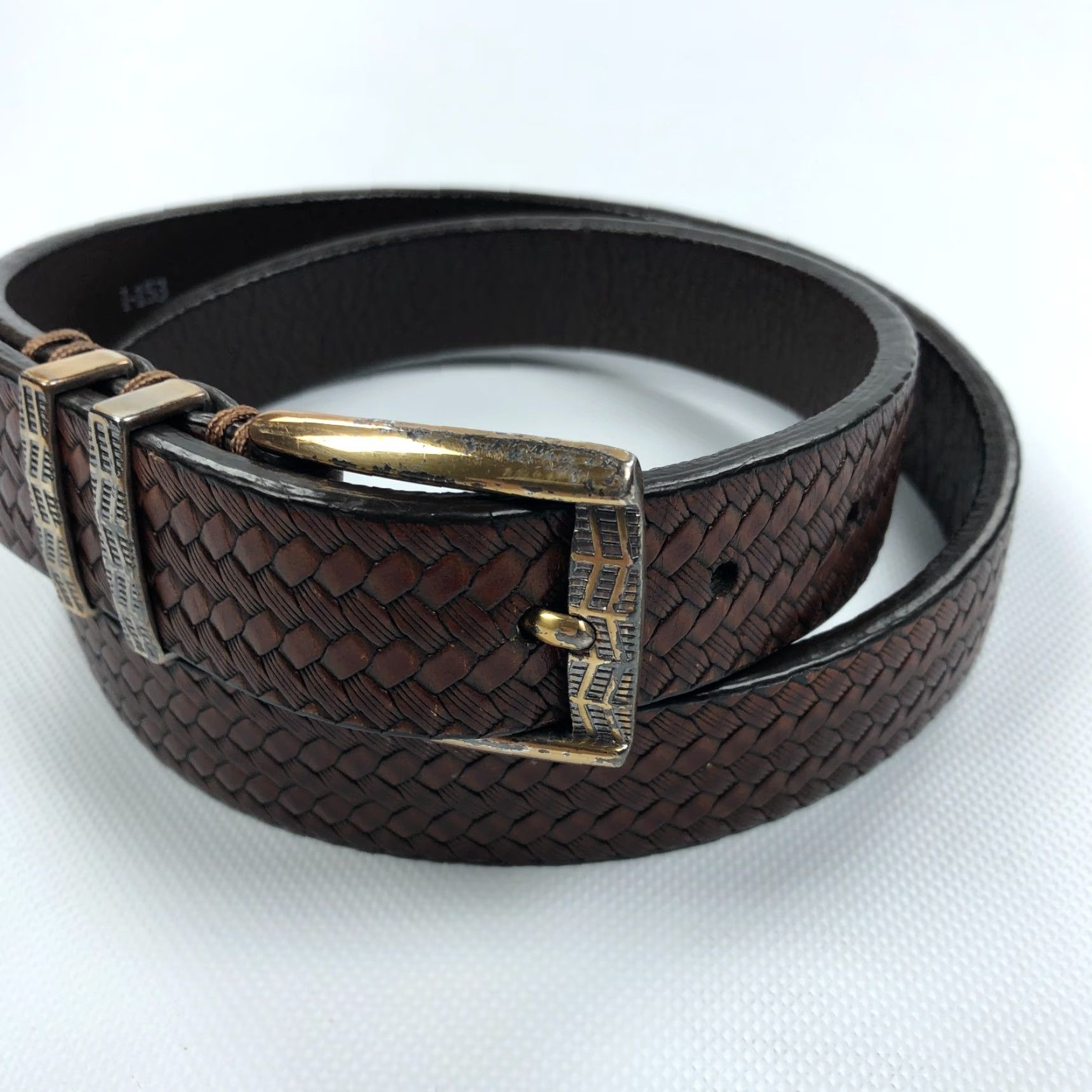 Vintage Leather Island Belt Belt by Bill Lavin Brown 36 Basket Weave Brass Buckle Dress Mens Size 36 - 3 Thumbnail