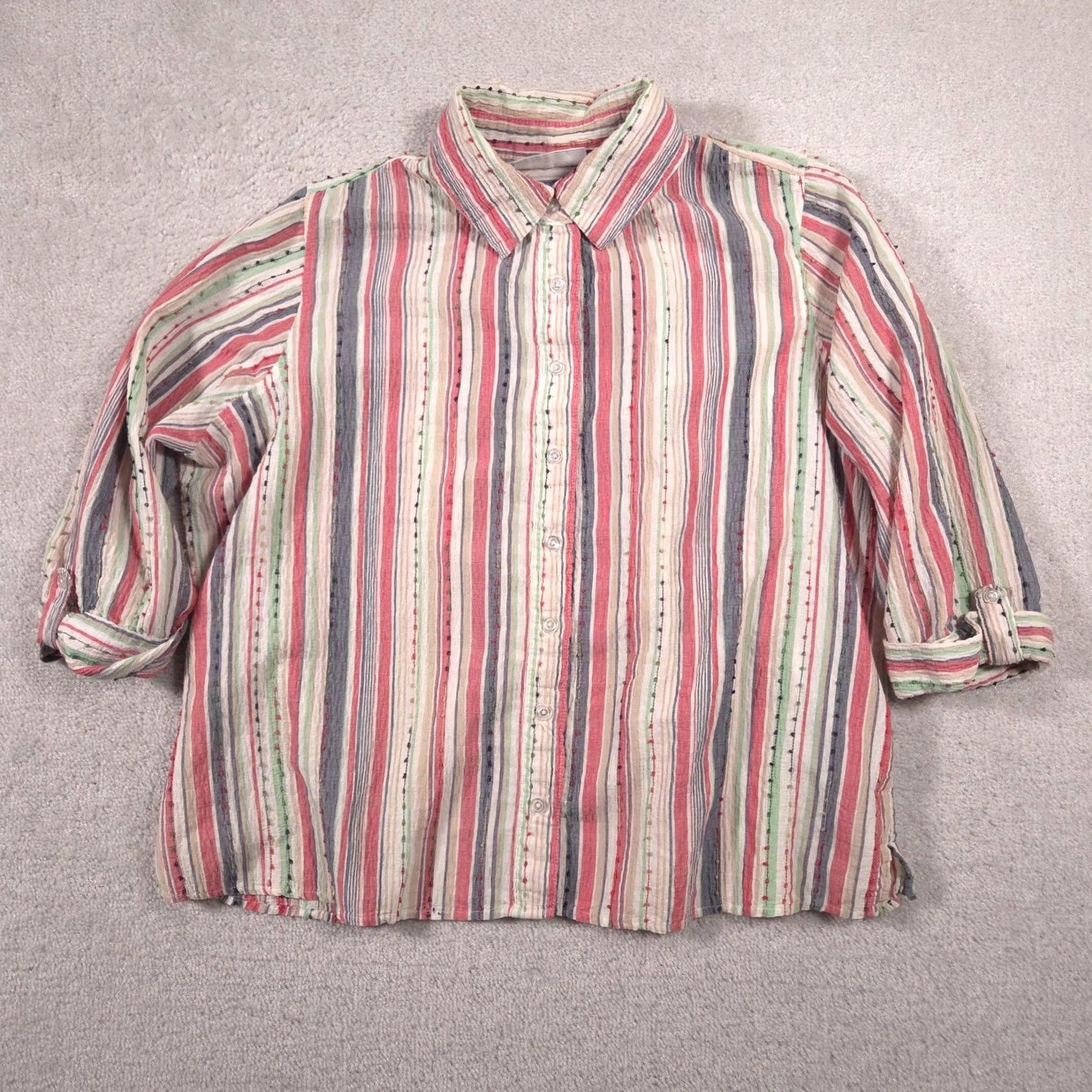 Vintage Breckenridge Shirt Womens 1X Multi Stripe Button Front Roll Tab 3/4 Sleeve Top Size XL / US 12-14 / IT 48-50 - 2 Thumbnail