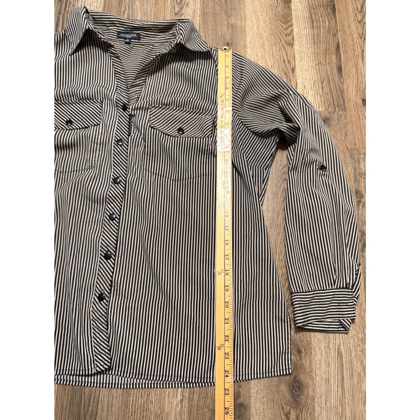 Vintage Notations Shirt, Women's Plus 1X Brown Black Striped Long Sleeve Button Up Shirt Size XL / US 12-14 / IT 48-50 - 7 Thumbnail