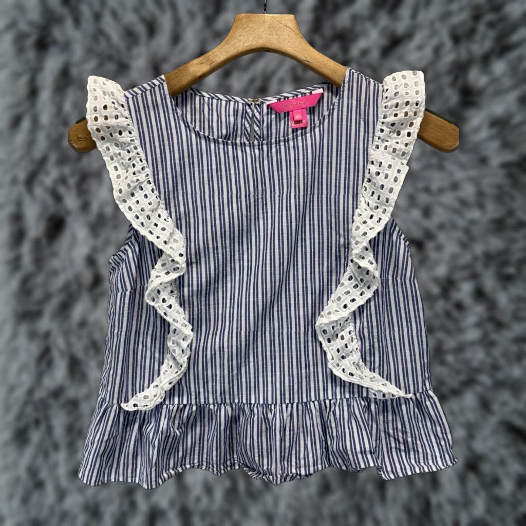 Lilly Pulitzer VINTAGE Lilly Pulitzer Ellis Peplum Top Shirt Womens XS Blue White Striped Lace 100% Cotton Round Neck Sleeveless Casual Party/Cocktail Size XS / US 0-2 / IT 36-38 - 1 Thumbnail