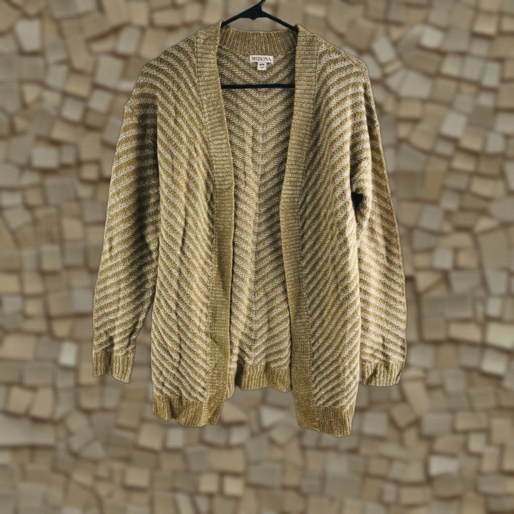 Merona Merona Cardigan Sweater Open Brown Tan White Striped Women's Medium Knitted 100% Acrylic Size M / US 6-8 / IT 42-44 - 1 Thumbnail
