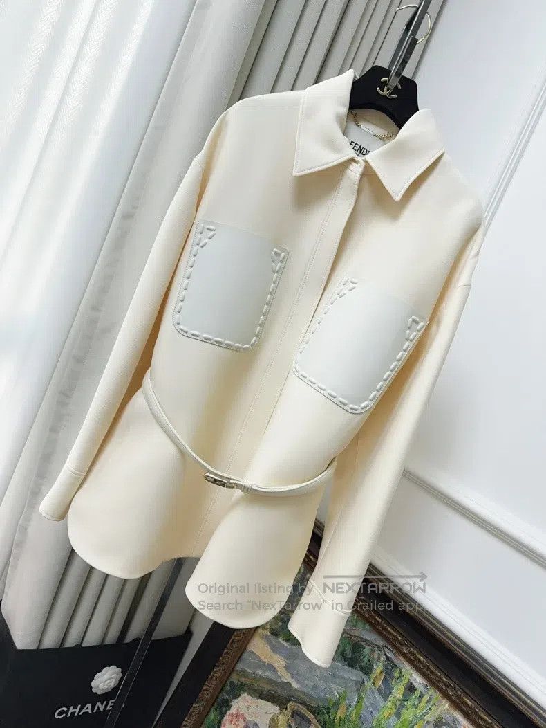Fendi Cream White Leather Pocket Jacket with Belt