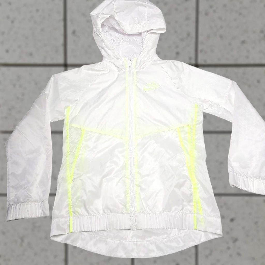 Nike Nike Windbreaker Jacket CU0043-100 White Neon Green Medium Girls Athletic Zip Geometric Lightweight Jacket Size L / US 10 / IT 46 - 1 Thumbnail