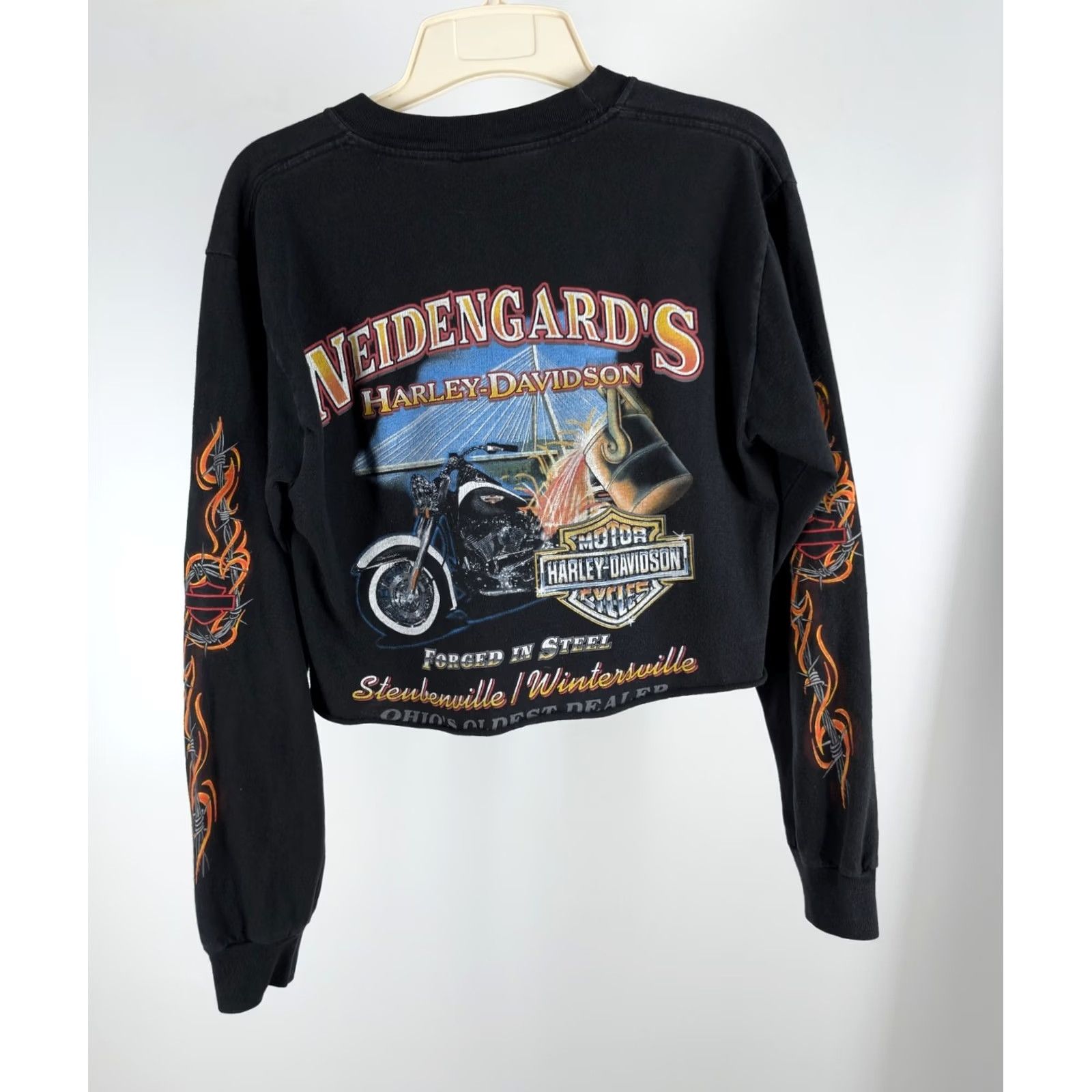 Harley Davidson VINTAGE Harley-Davidson Shirt Long Sleeve Cropped 2004 Y2K Grunge Black Mens 38" Chest Size XS / US 0-2 / IT 36-38 - 3 Thumbnail