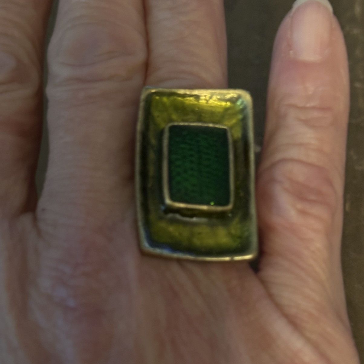 Vintage Vintage bronze tone rectangular green stone statement ring Size ONE SIZE - 4 Thumbnail