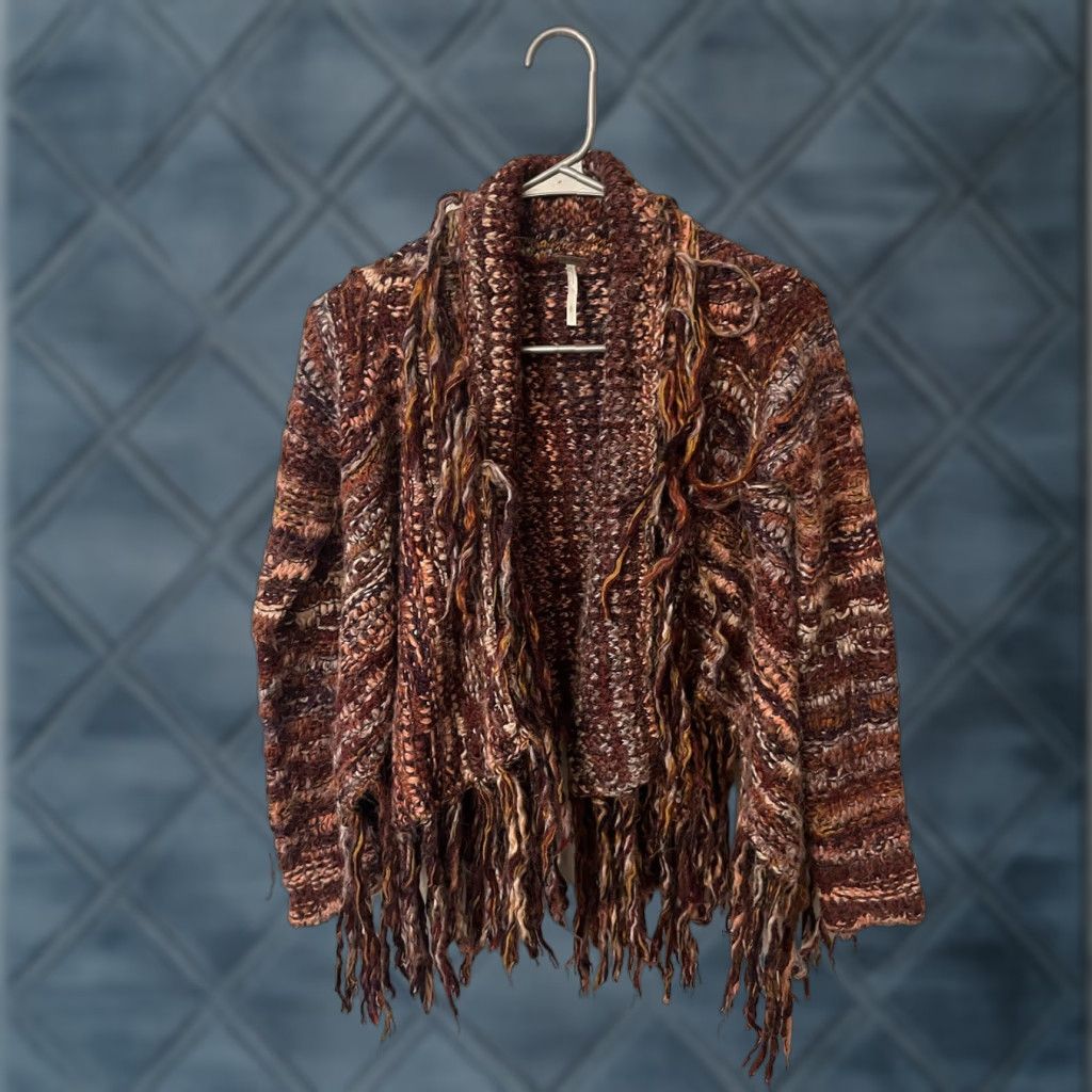 Free People FREE PEOPLE Cardigan Sweater Knit Open Fringe Crochet Wool Blend Purple S Small Boho Marled Fringed Open Cardi Size S / US 4 / IT 40 - 1 Thumbnail