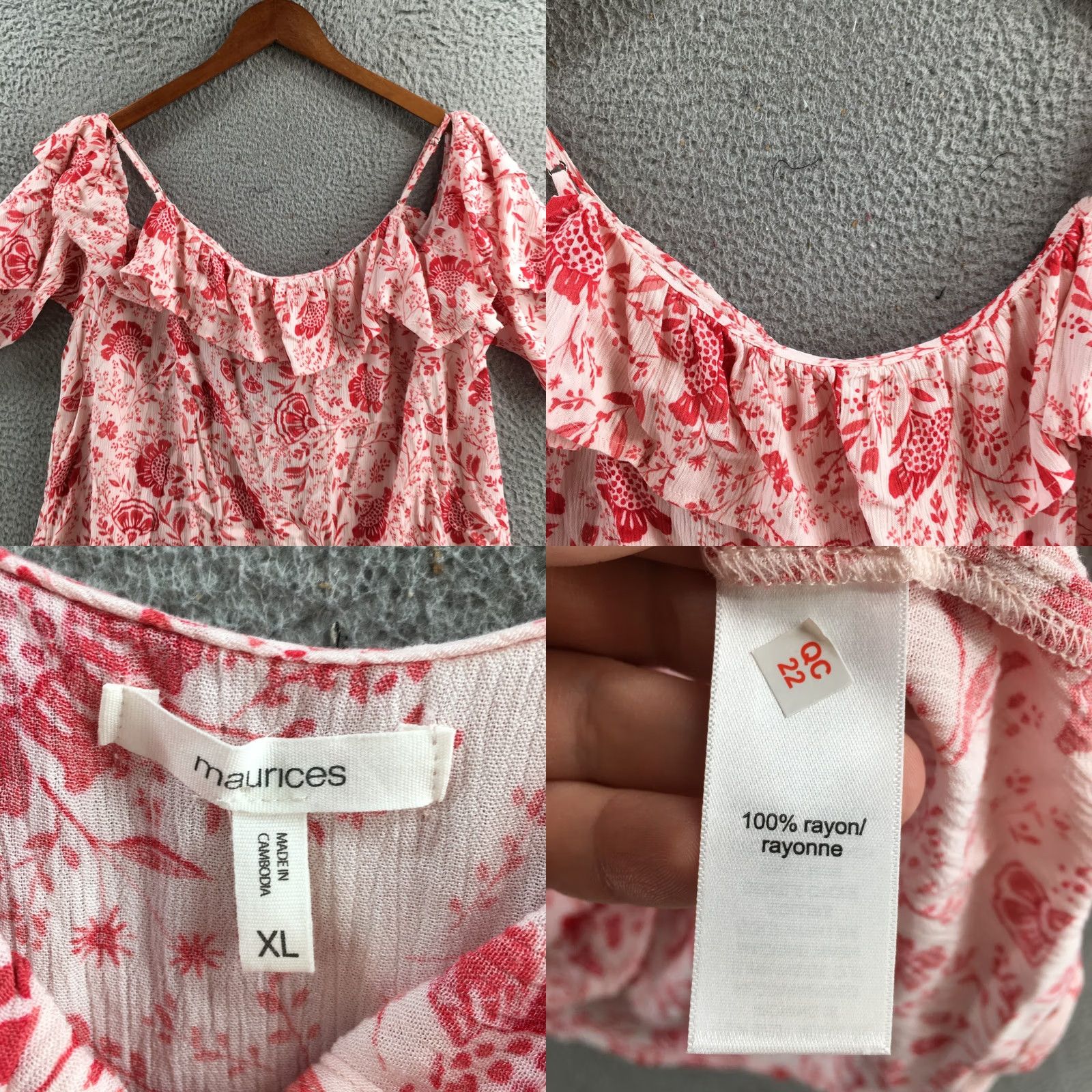 Vintage Maurices Blouse Shirt Womens XL Red Floral Print Ruffled Cold Shoulder Casual NEW Size XL / US 12-14 / IT 48-50 - 8 Thumbnail