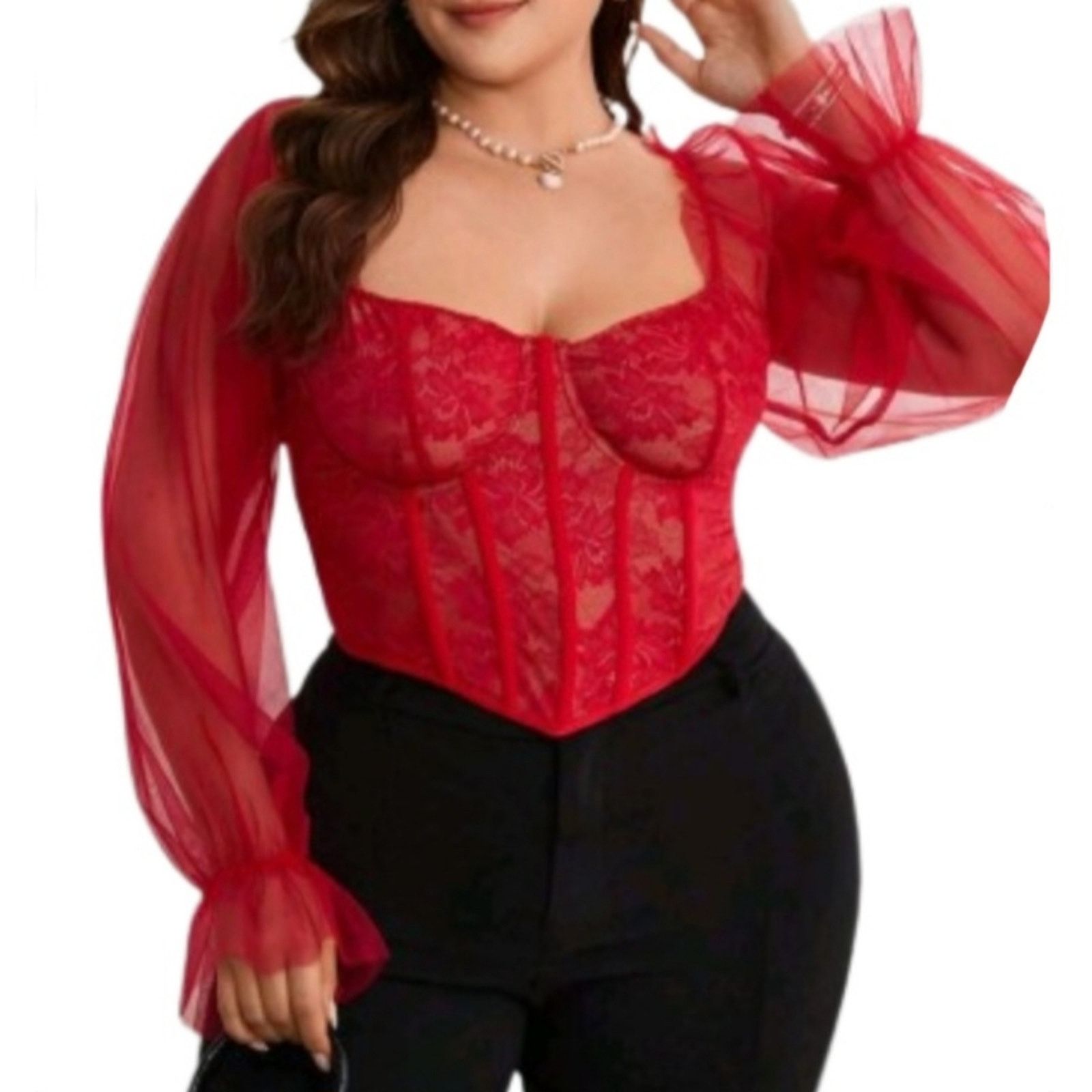 Shein Red Lace ☆ Sheer Illusion ☆ Bustier Style Crop Top 5x ☆ NWT Size 4XL / US 24-26 - 3 Thumbnail