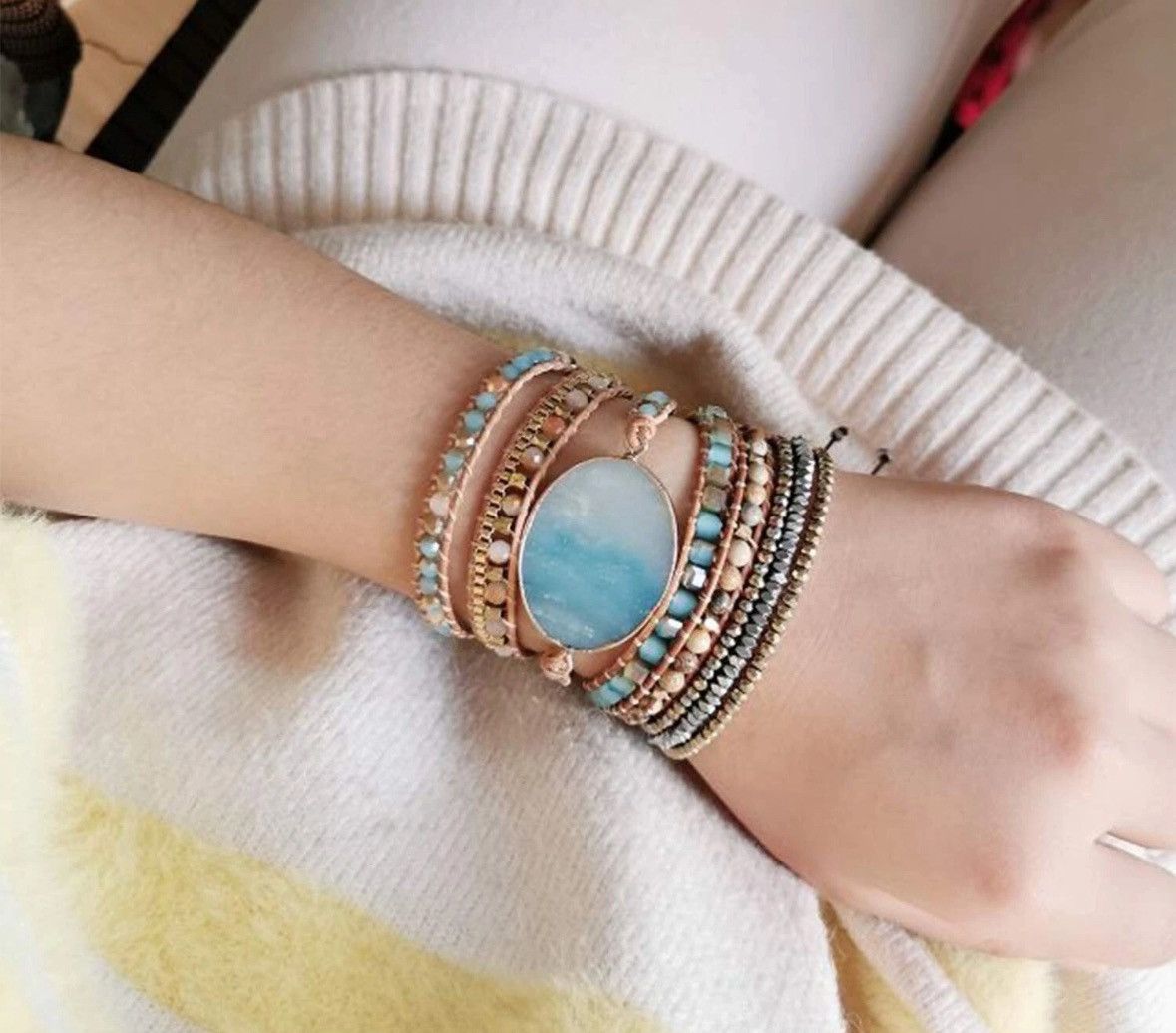 Other Boho Natural Stone Crystal Leather Bead Wrap Bracelet Size ONE SIZE - 2 Thumbnail