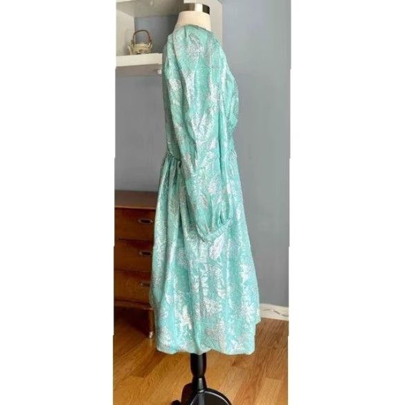 Vintage VINTAGE Diane Dickinson Cocktail Dress 12 Blue 1980s Silk Brocade Puff Sleeves Eveningwear Mens Womens Girls Size XL / US 12-14 / IT 48-50 - 2 Thumbnail