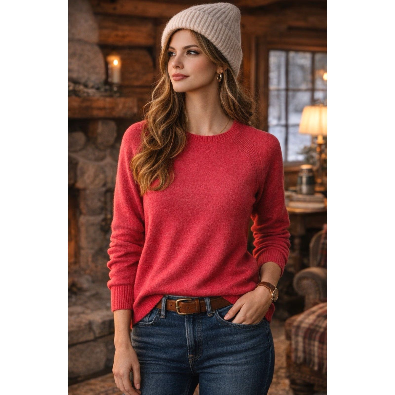 Vintage LL Bean Womens M Reg Cotton Sweater Red Pink Classic Pullover Knit Crew Ne*ck Raglan Long Sleeve Office Casual Winter Spring Fall All Seasons Mens? Size M / US 6-8 / IT 42-44 - 2 Thumbnail